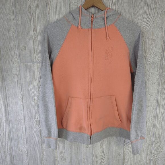 Browning Women’s Large Coral & Grey Colorblock Full Zip Jacket Coat Hooded - Picture 2 of 10